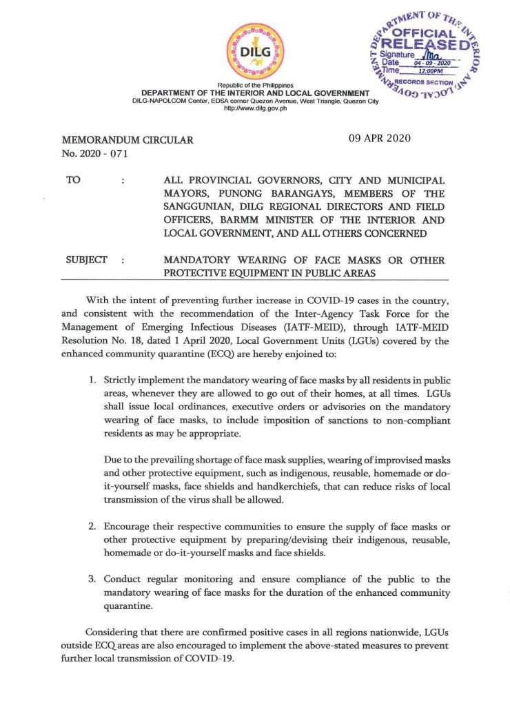 DILG urges LGUs to pass an ordinance on mandatory wearing of face mask ...