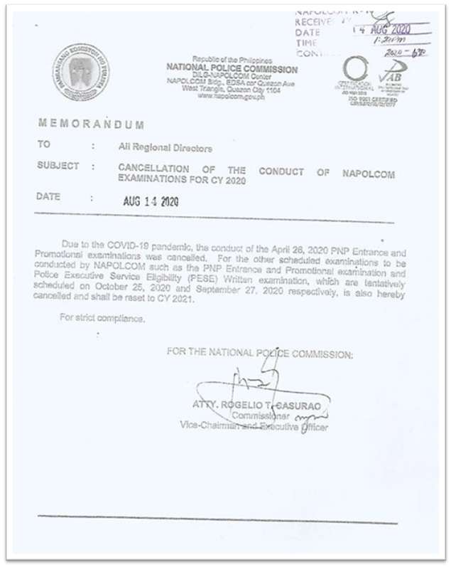 napolcom exams memo reset to 2021