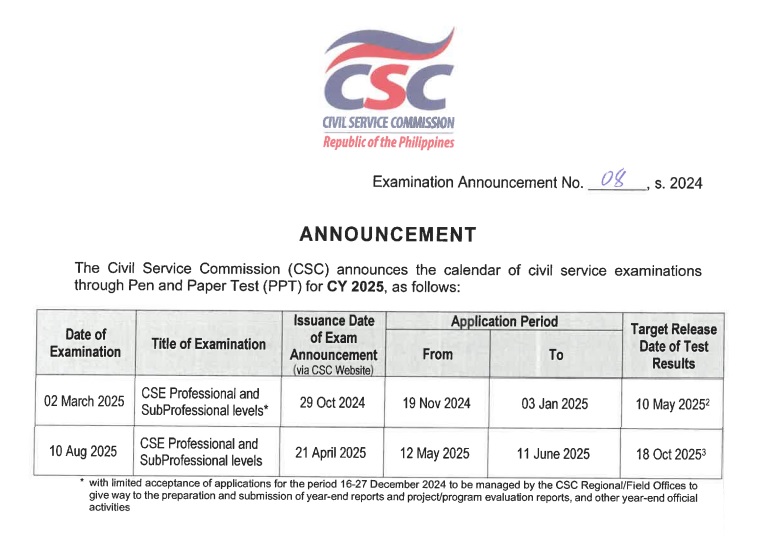 Civil Service Exam 2025 Schedule and Filing