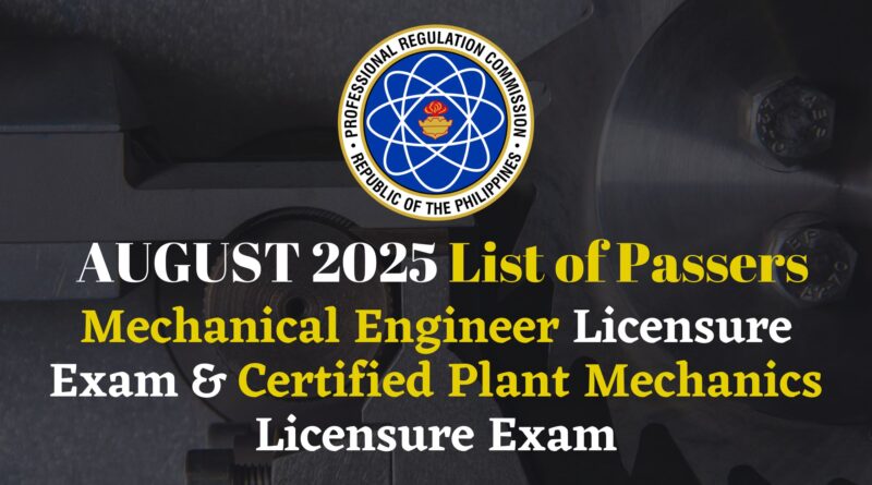 August 2025 Mechanical Engineer exam list of passers